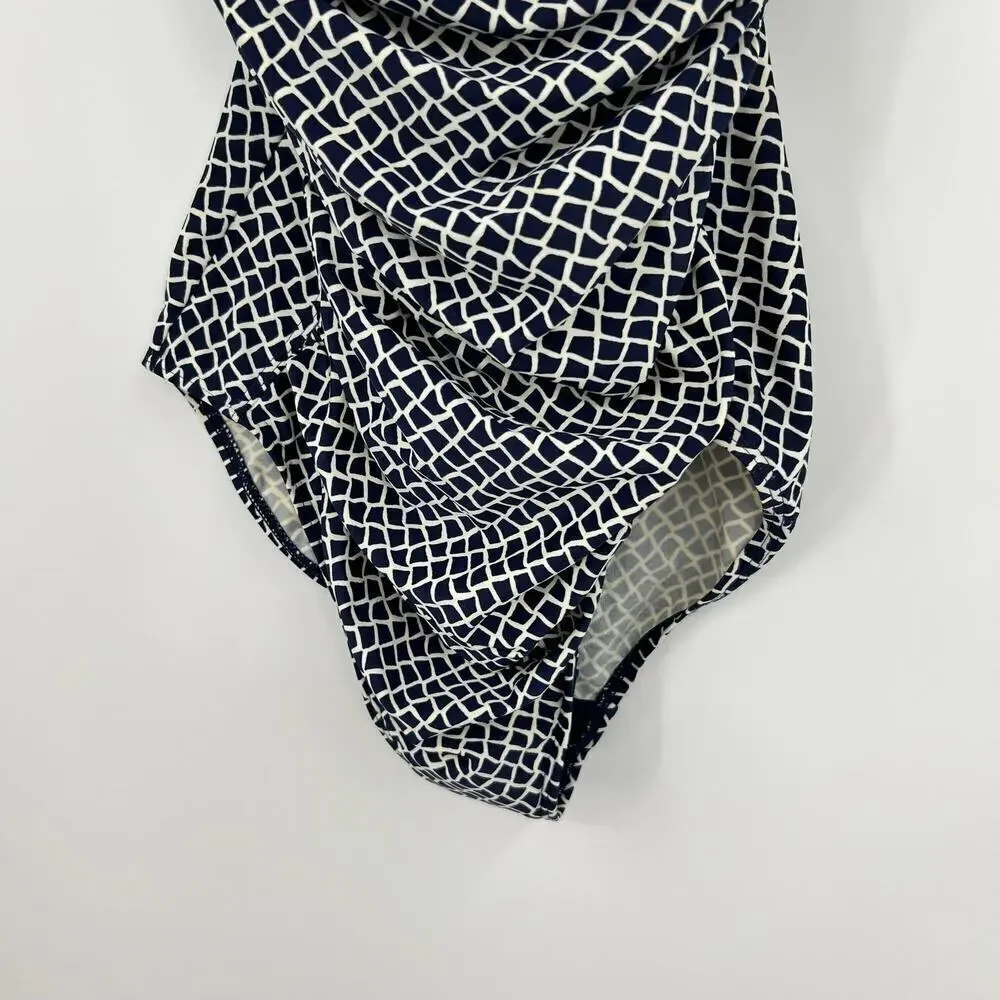 LL Bean Navy Blue & White geometric print square neck swimsuit SPF 50 size 12